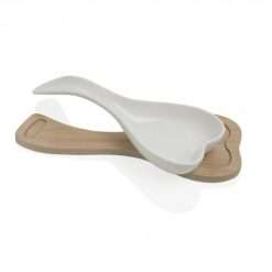 Poggiamestolo Cuore in Porcellana Bianca e Supporto in Bamboo Brandani