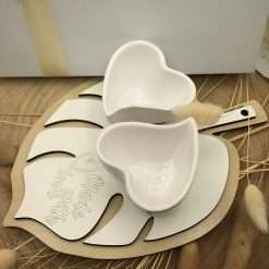 Bomboniera Matrimonio Tagliere Foglia Tropicale con Due Coppe a Cuori in Ceramica - Deboracarlucci