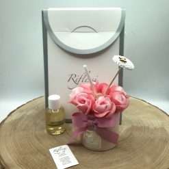 Bomboniera Battesimo Comunione Matrimonio Profumatore Bottiglia Rotondo con Rose, Cipria Ø 6,5 cm - Riflessi