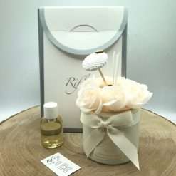 Bomboniera Battesimo Comunione Matrimonio Profumatore Bottiglia Rotondo con Rose, Crema Ø 8 cm - Riflessi