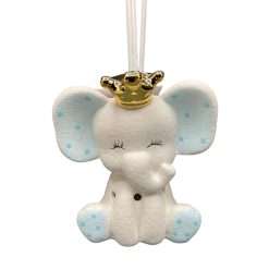 Bomboniera Battesimo - Profumatore Elefante in Porcellana con Corona, Azzurro con Led - Yvonne Gontier