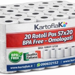 Rotoli Termici POS 57 mm x 20 metri, Carta Termica BPA Free Omologata, Scontrini per Cassa Fiscale e POS, Qualità Italiana compatibile con Nexi, SamUP, Ditron (20 Rotoli)